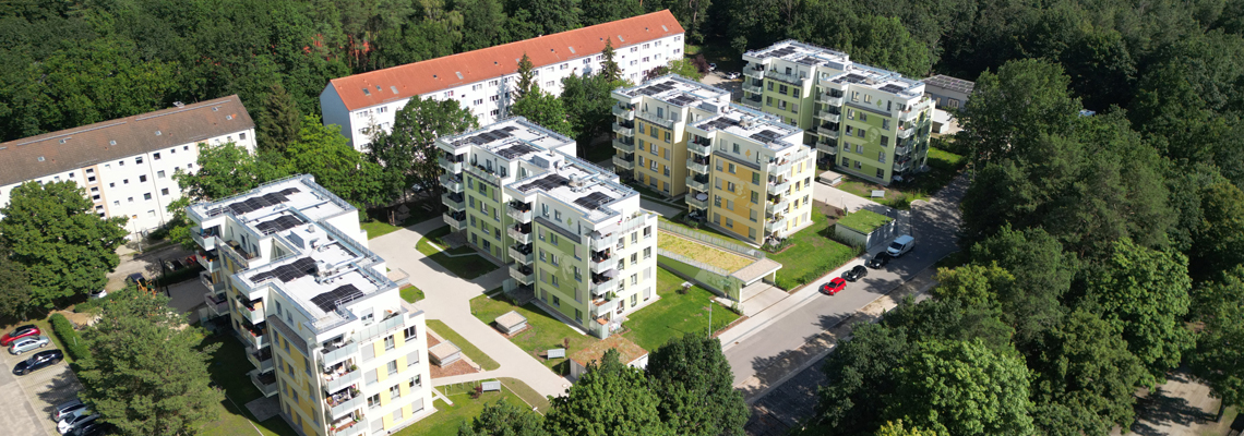 Ansict aller 4 Häuser, Luftaufnahme der Neubauten Quartier am Märchenwald
